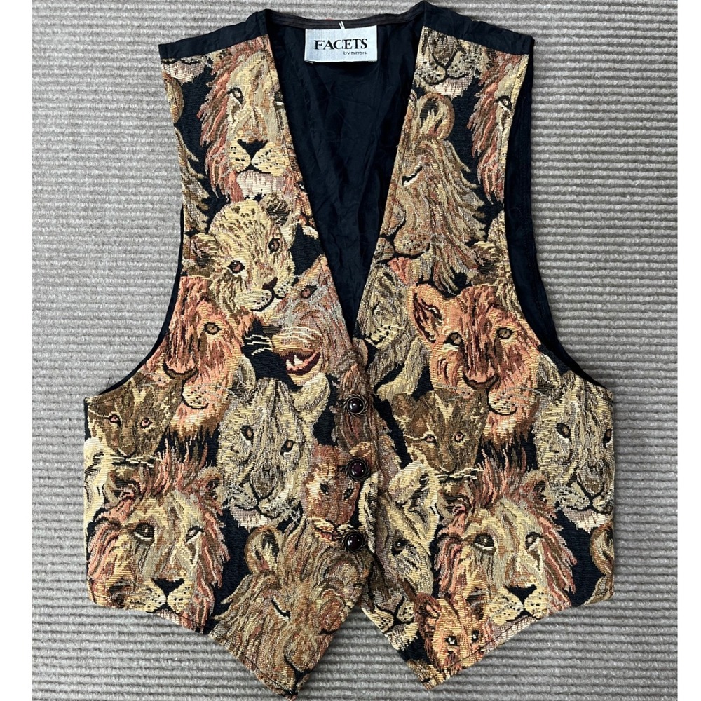 Facets by Mirrors Vintage Lion Tapestry Vest Sz Small VINTAGE Animal Print 90s
